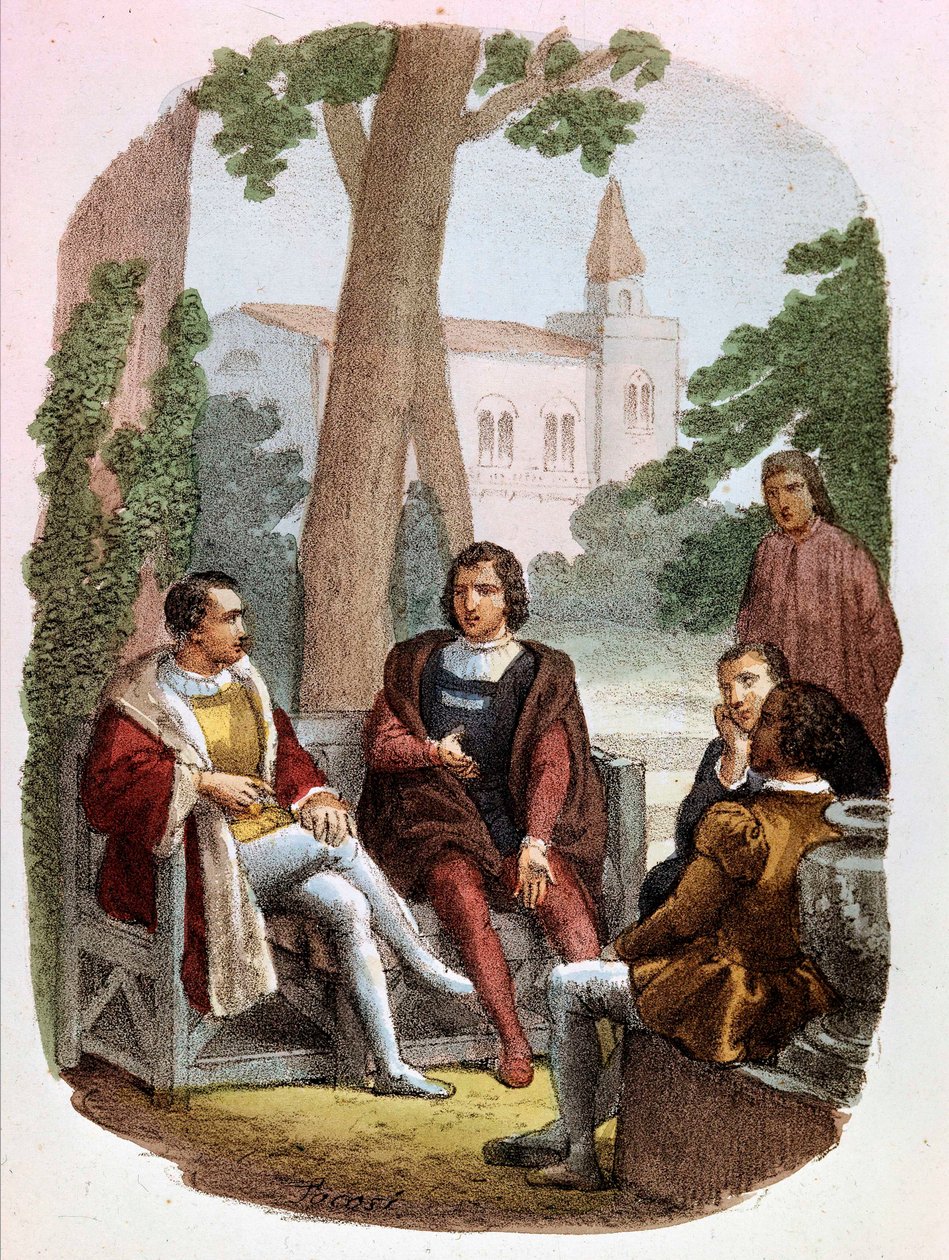 Fabrizio Colonna og Cosimo Rucellai diskuterer krigskunsten - i "" Complete Works by Niccolo Machiavelli", illustrasjon av Alessandro Focosi (1836 - 1869). "Krigens kunst" av Niccolo di Bernardo dei Machiavelli (Nicolas Machiavel av Alessandro Focosi