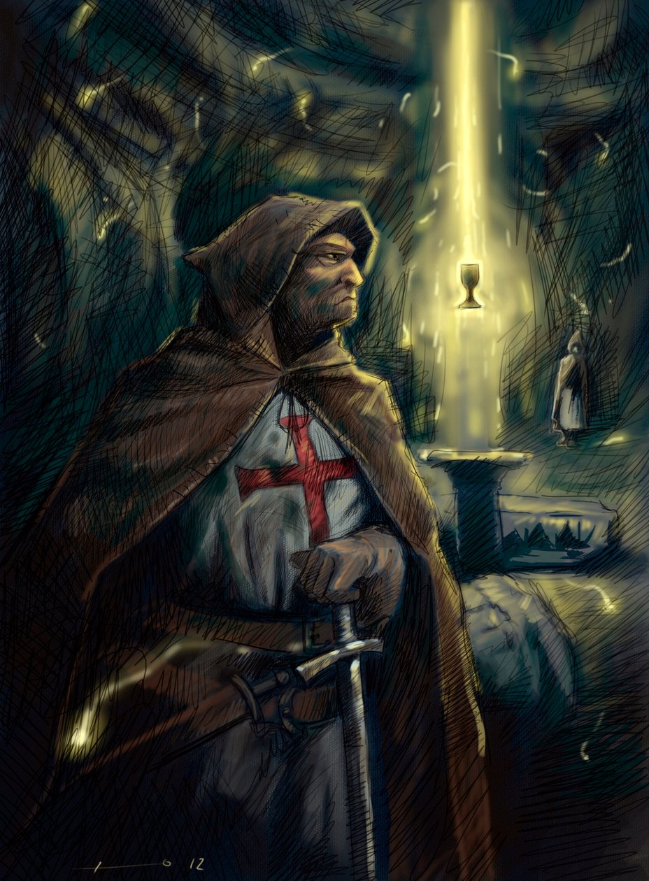 En ridder av Templarordenen (Templaren) bak seg den hellige grals kopp. Illustrasjon Alessandro Lonati av Alessandro Lonati