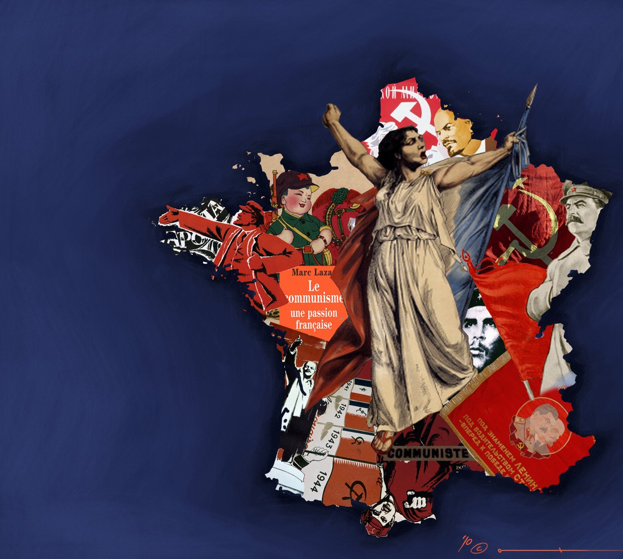 En mariana mot en bakgrunn av kommunistisk collage. Allegori om kommunismen i Frankrike. 2010 Fargetegning av Alessandro Lonati. av Alessandro Lonati