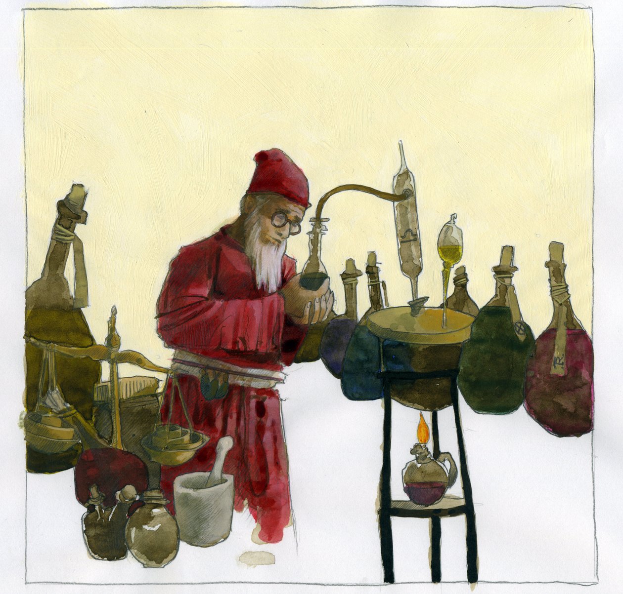 Alkymist i laboratoriet sitt omgitt av hetteglass og stillbilder Illustrasjon av Alessandro Lonati av Alessandro Lonati