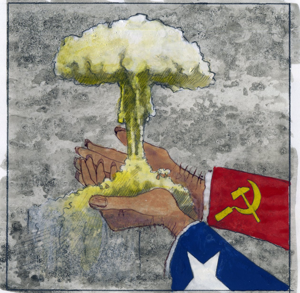 Allegorisk representasjon av den kalde krigen som amerikanske og sovjetiske hender som holder atomskyen Illustrasjon av Alessandro Lonati av Alessandro Lonati