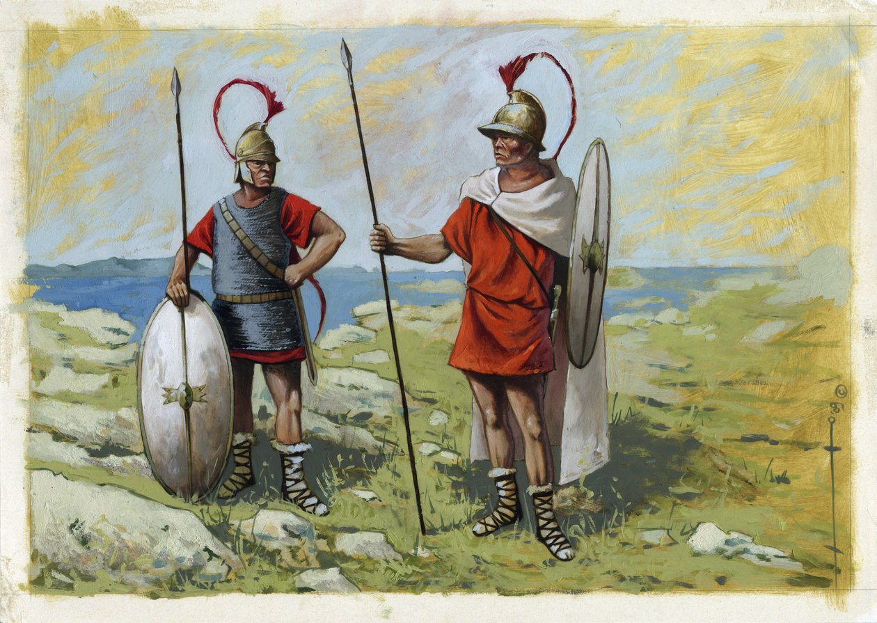 Antikkens Hellas: tureophore leiesoldat (Thureophoros eller Thureophoroi) (3.-1. århundre f.Kr.) (høyre) og Thorakites (Thorakitai) (venstre). Tegning av Alessandro Lonati av Alessandro Lonati