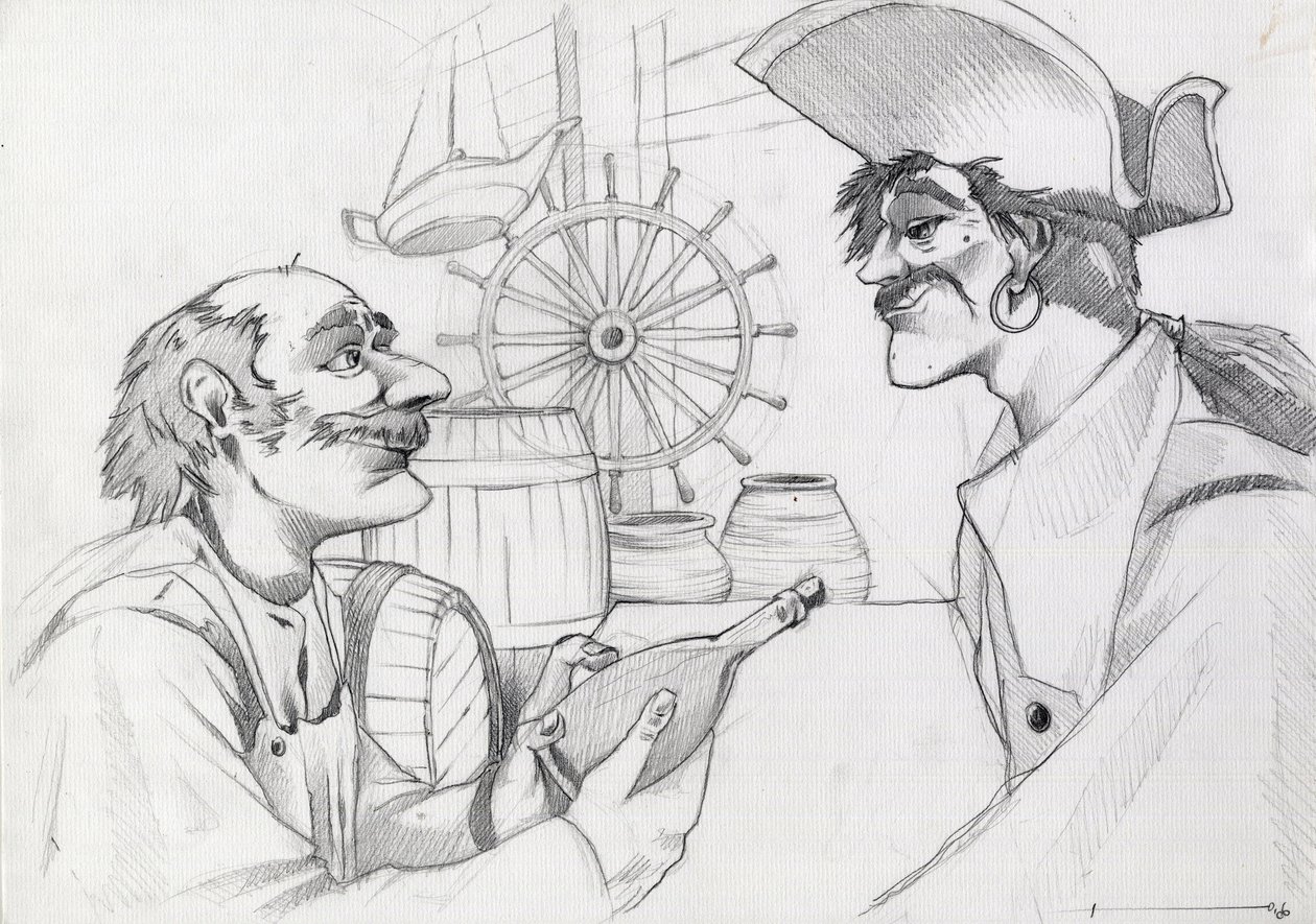 Caraibes pirat på et vertshus med en flaske. Tegning av Alessandro Lonati. av Alessandro Lonati
