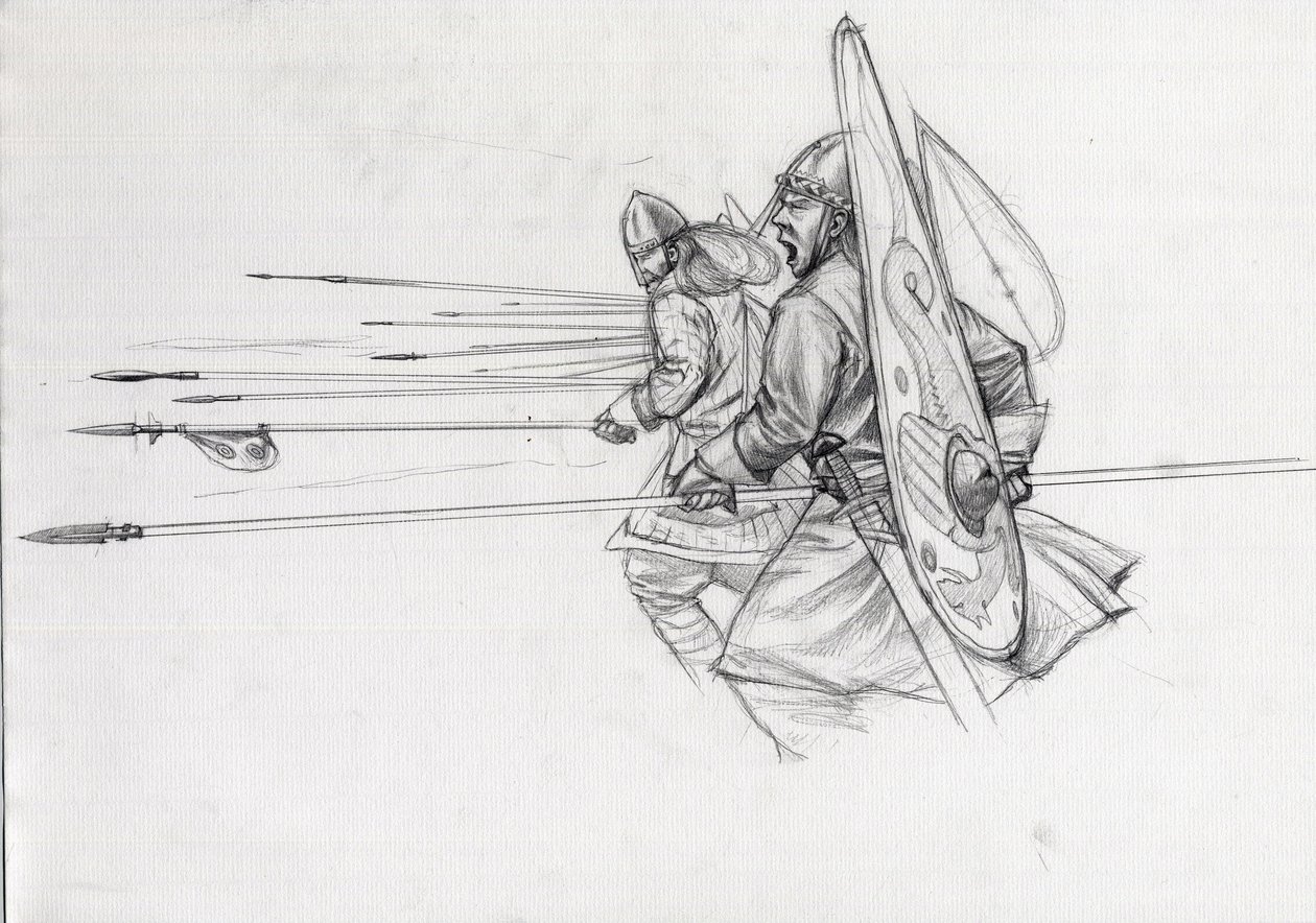 Ansvar for normanniske krigere av infanteriet i slaget ved Hastings i 1066. Tegning av Alessandro Lonati. av Alessandro Lonati