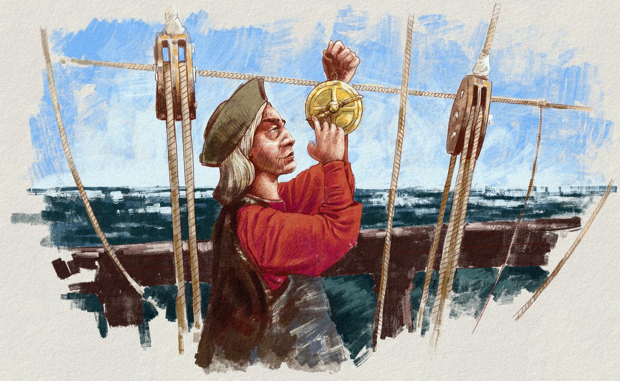 Christopher Columbus beregner ruten med en astrolabium (illustrasjon) av Alessandro Lonati