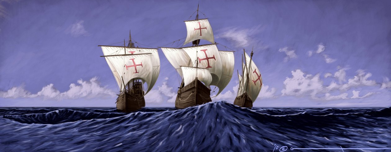 Oppdag Amerika: «Pinta», «Nina» og «Santa Maria», karavellene til Christopher Columbus under ekspedisjonen i 1492. Illustrasjon av Alesandro Lonati. 2010 av Alessandro Lonati