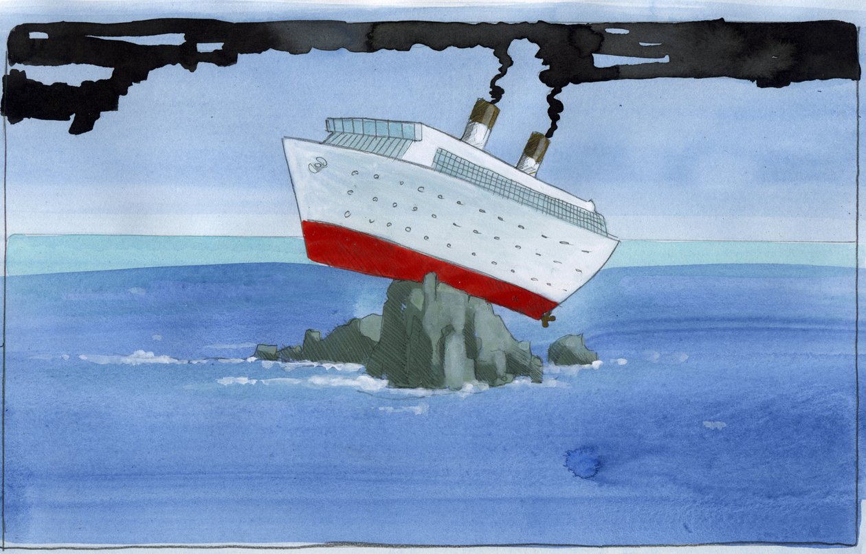 Økologi: Noahs bue som et forurensende cruiseskip strandet på et rev Illustrasjon av Alessandro Lonati av Alessandro Lonati