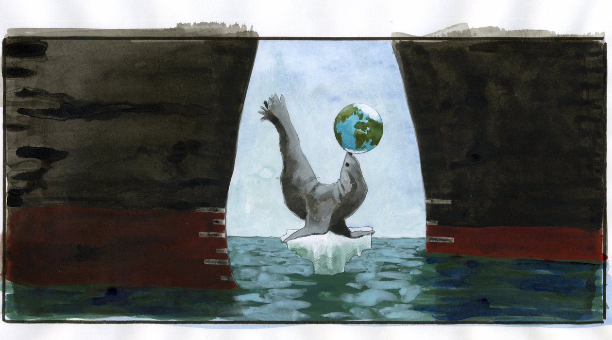 Økologi og klimaoppvarming: smeltende is, en sel som leker med planeten på snuten, hviler på den siste lille spissen av isfjellet; rundt den truer skrogene til oljetankere den - allegori som representerer planeten i likevekt (økologi, global advarsel, hav av Alessandro Lonati