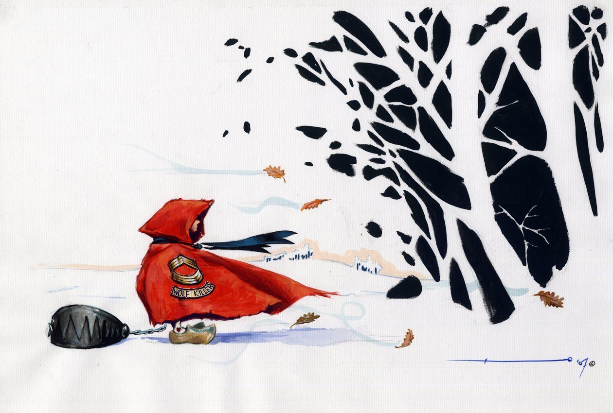 Fable of the Little Red Riding Hood av Charles Perrault (1628-1703) gjenopptatt: Rødhetten kommer inn i skogen med en ulvefelle som er veldig farlig for beten. Tegning av Alessandro Lonati av Alessandro Lonati