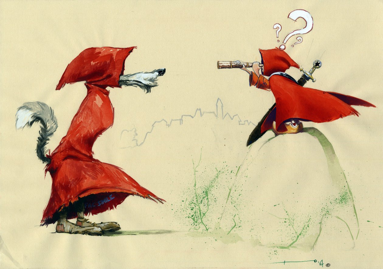 Fable of the Little Red Riding Hood av Charles Perrault (1628-1703) gjenopptatt: Rødhette med et sverd observerer med lang utsikt (lang utsikt) vendt mot forkledningsulven med rød frakk. Tegning av Alessandro Lonati av Alessandro Lonati