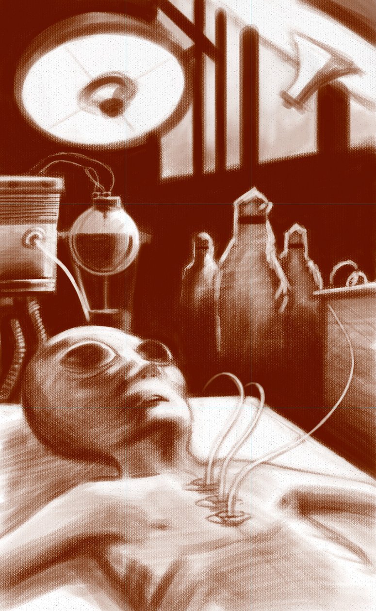 Fantastisk skapning: en romvesen som ble utsatt for laboratorietester. Illustrasjon av Alesandro Lonati. 2010 av Alessandro Lonati
