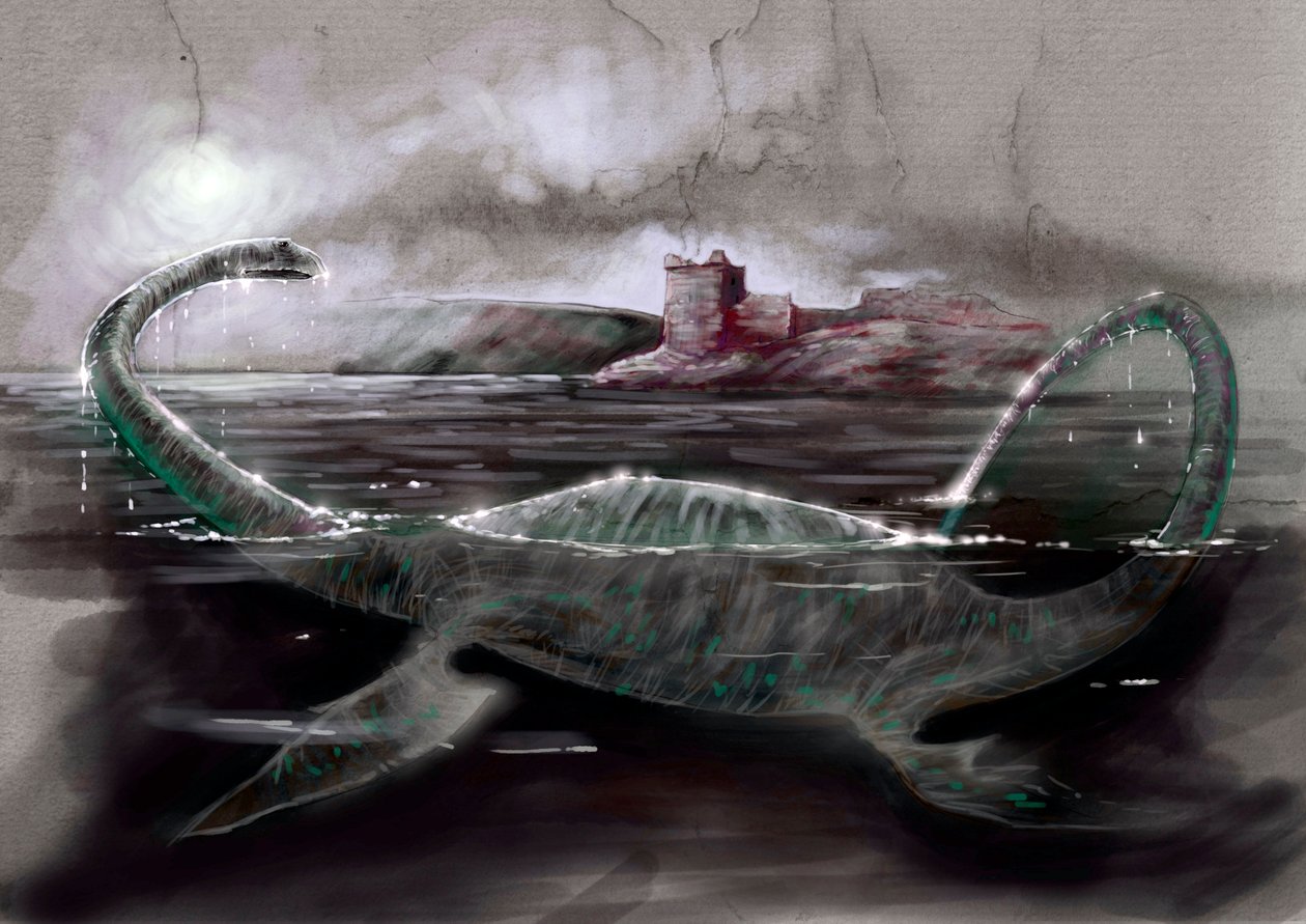 Fantastiske monstre og skapninger, kryptozoologi: representasjon av Nessie, Loch Ness-monsteret i Skottland - Tegning av Alessandro Lonati, 2012 av Alessandro Lonati