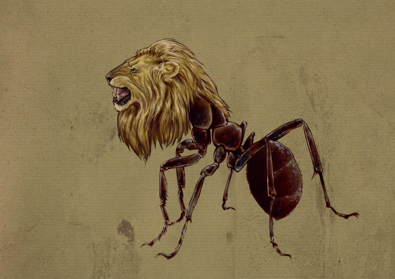 Fantastiske monstre og skapninger, kryptozoologi: representasjon av en Myrmecoleo, maur med løvehode - Tegning av Alessandro Lonati, 2012 av Alessandro Lonati