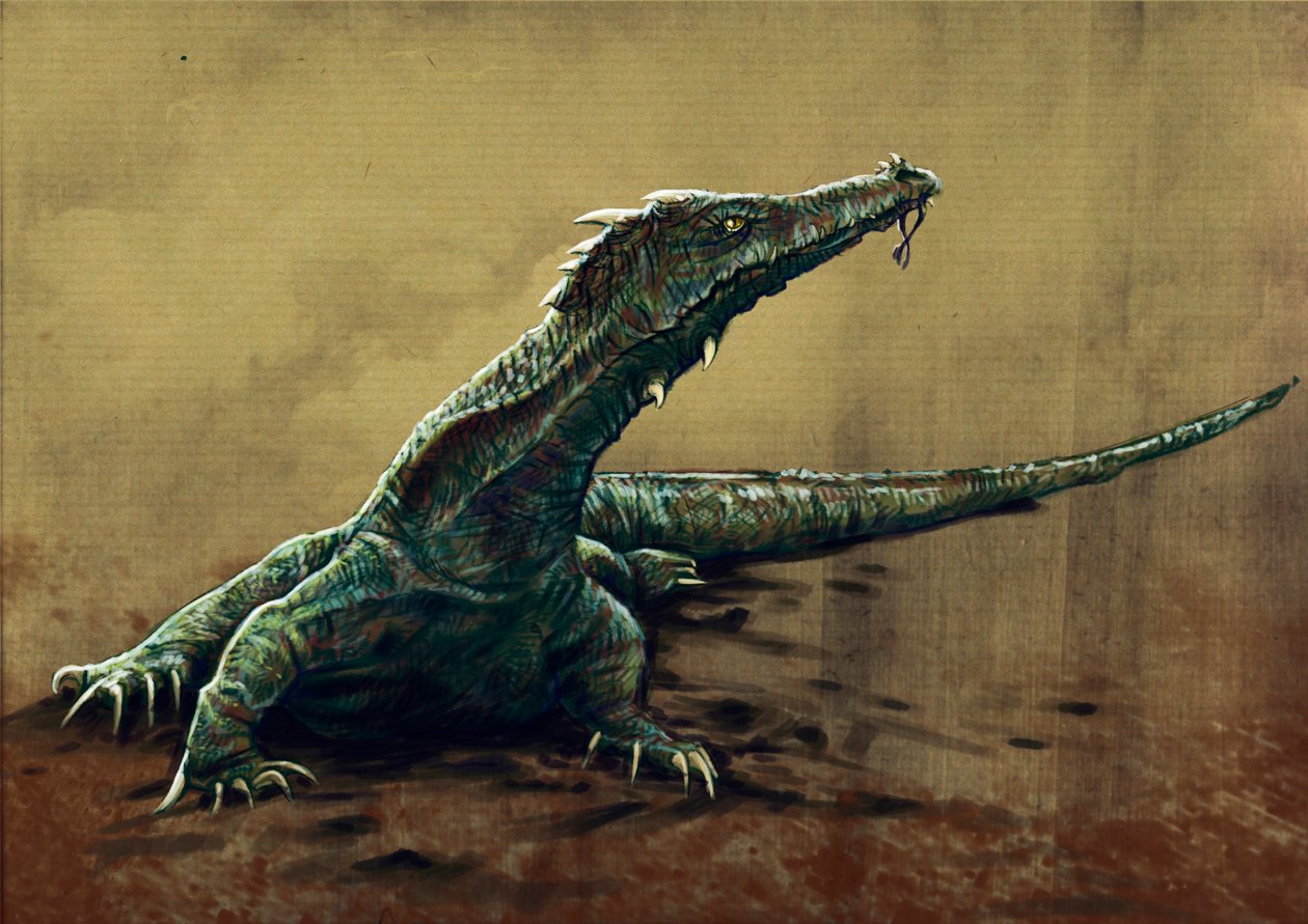 Fantastiske monstre og skapninger, kryptozoologi: representasjon av en buru, stor lezard som ville blitt sett i det nordøstlige India - Tegning av Alessandro Lonati, 2012 av Alessandro Lonati