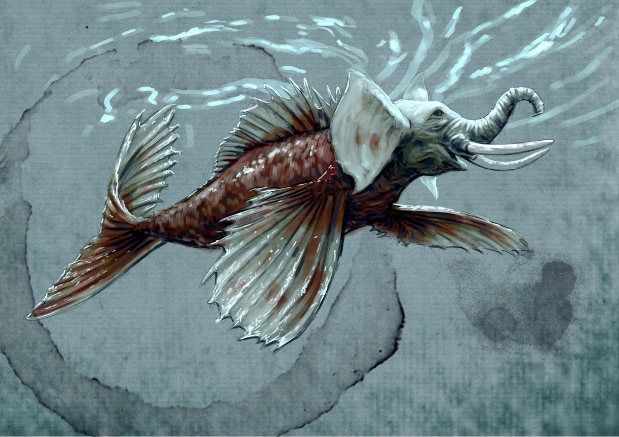 Fantastiske monstre og skapninger, kryptozoologi: representasjon av et makara, vanndyr fra det mytologiske bestiariet i India, den har en snabel som bringer den nærmere sjøelefanten, krokodillens tann og en fiskehale - Tegning av Alessandro Lon av Alessandro Lonati