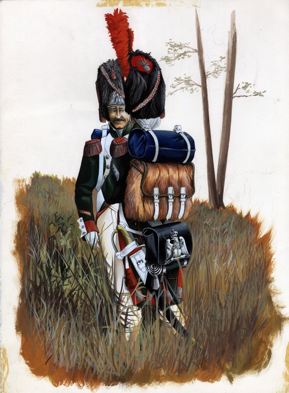 First Empire (1804–1814 og 1815): Grenadersoldater fra Royal Guard of the Great Napoleonic Armee i Italia. Tegning av Alessandro Lonati av Alessandro Lonati