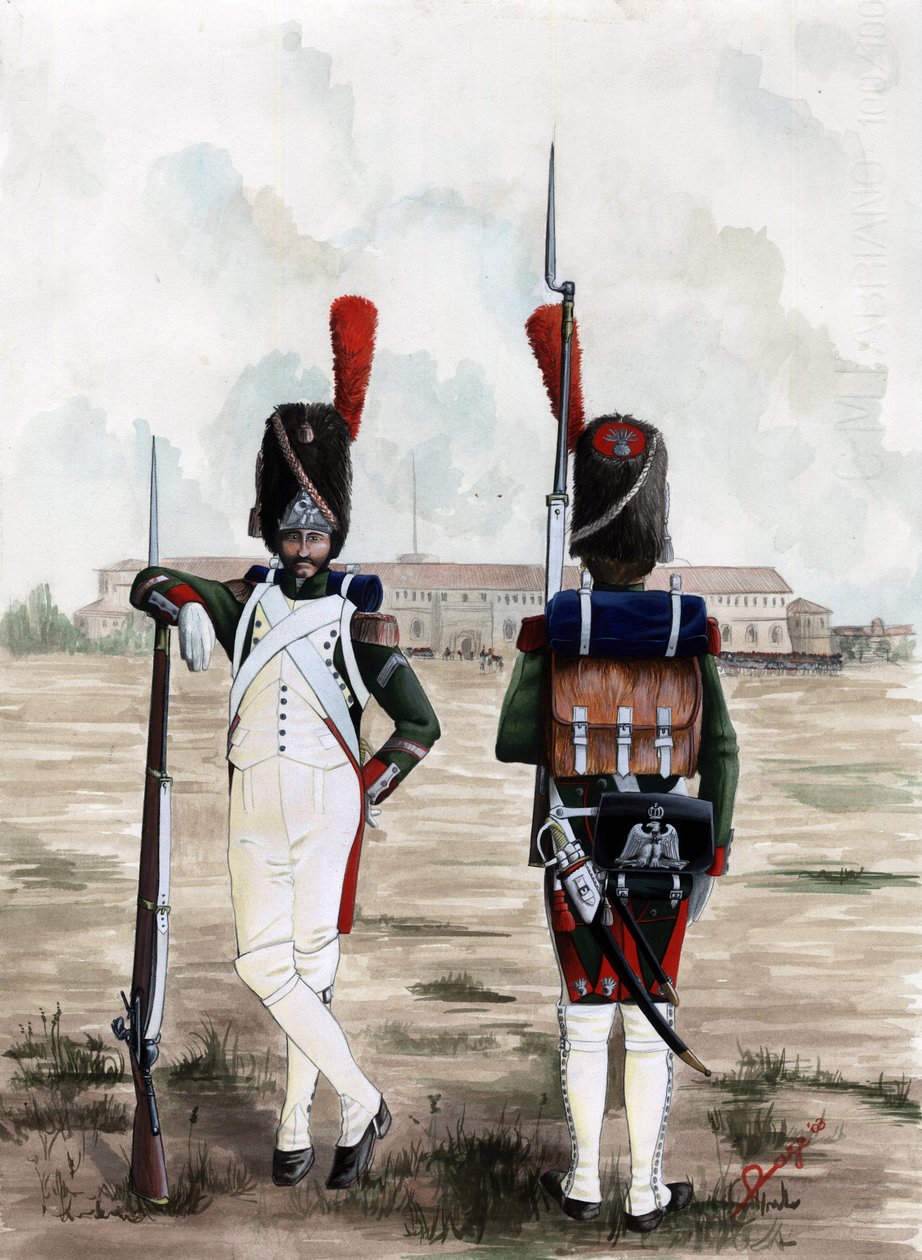 First Empire (1804-1814 og 1815): Grenadersoldater fra Royal Guard of the Great Napoleonic Armee på torget til Sforzesco Castle i Milano, Italia. Tegning av Alessandro Lonati av Alessandro Lonati