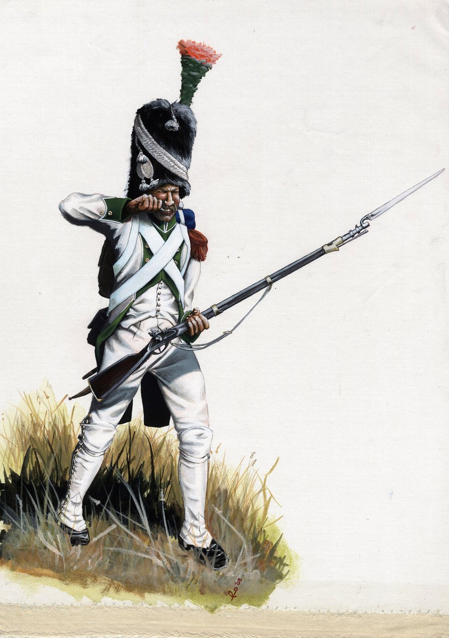 First Empire (1804-1814 og 1815): Velite-soldat fra den store Napoleon-hæren i Italia som åpner en patron. Tegning av Alessandro Lonati av Alessandro Lonati