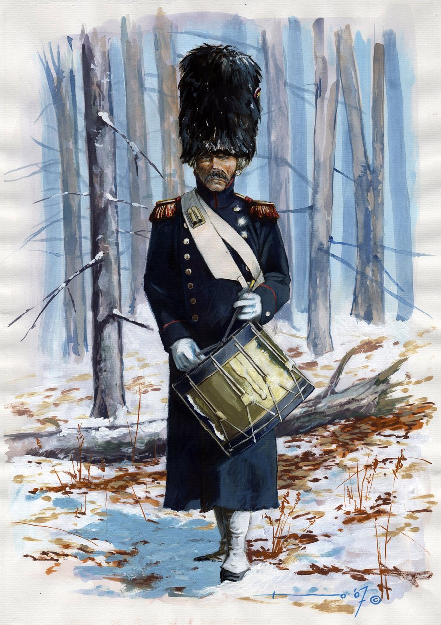 First Empire (1804-1814 og 1815): soldat fra den store Napoleon-hæren, tromme for grenaderene til den franske keisergarden i mantel av Alessandro Lonati