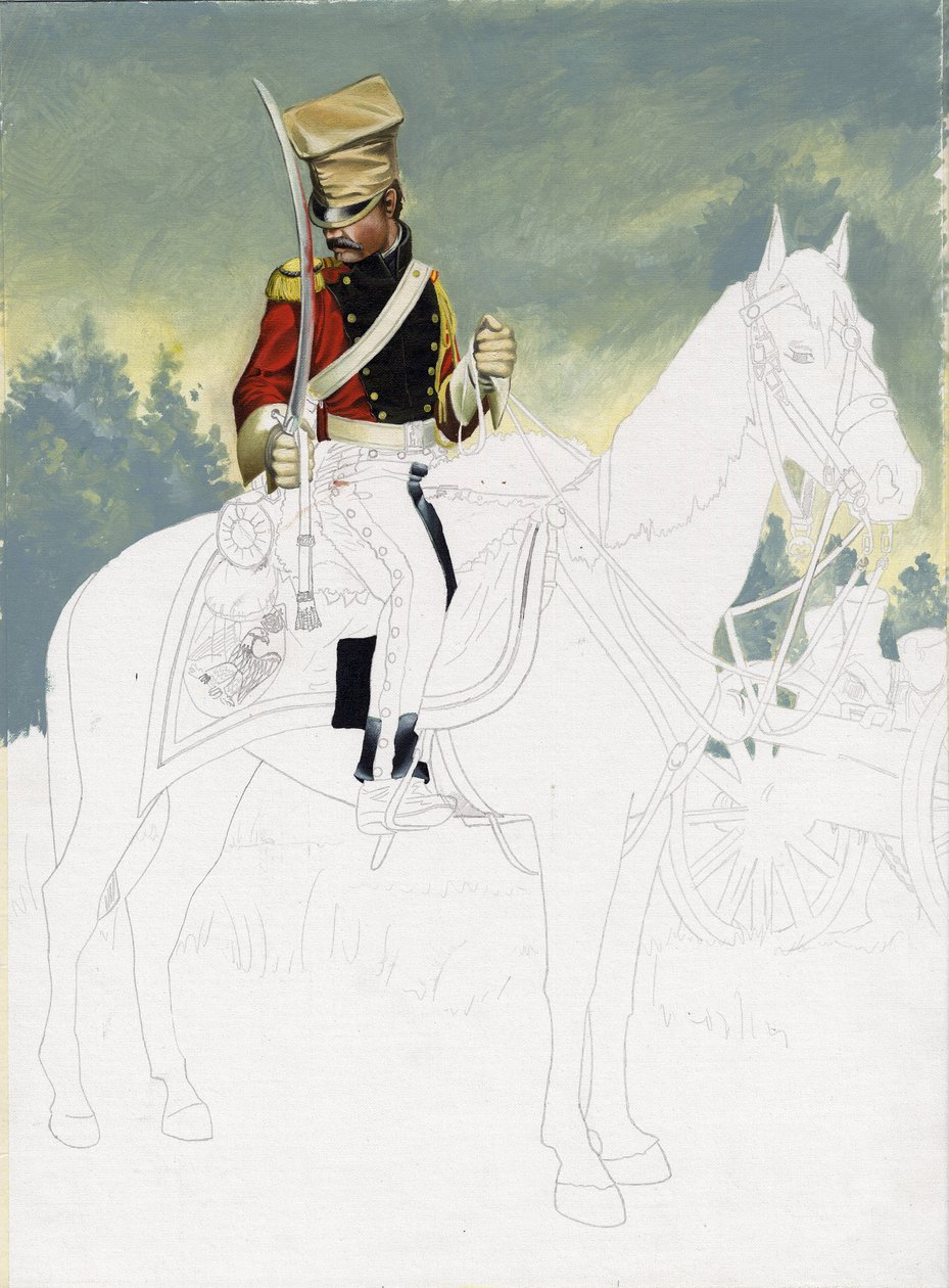 First Empire (1804–1814 og 1815): soldat fra det lette kavaleriet til den store franske Napoleonshæren. Uferdig tegning av Alessandro Lonati. av Alessandro Lonati