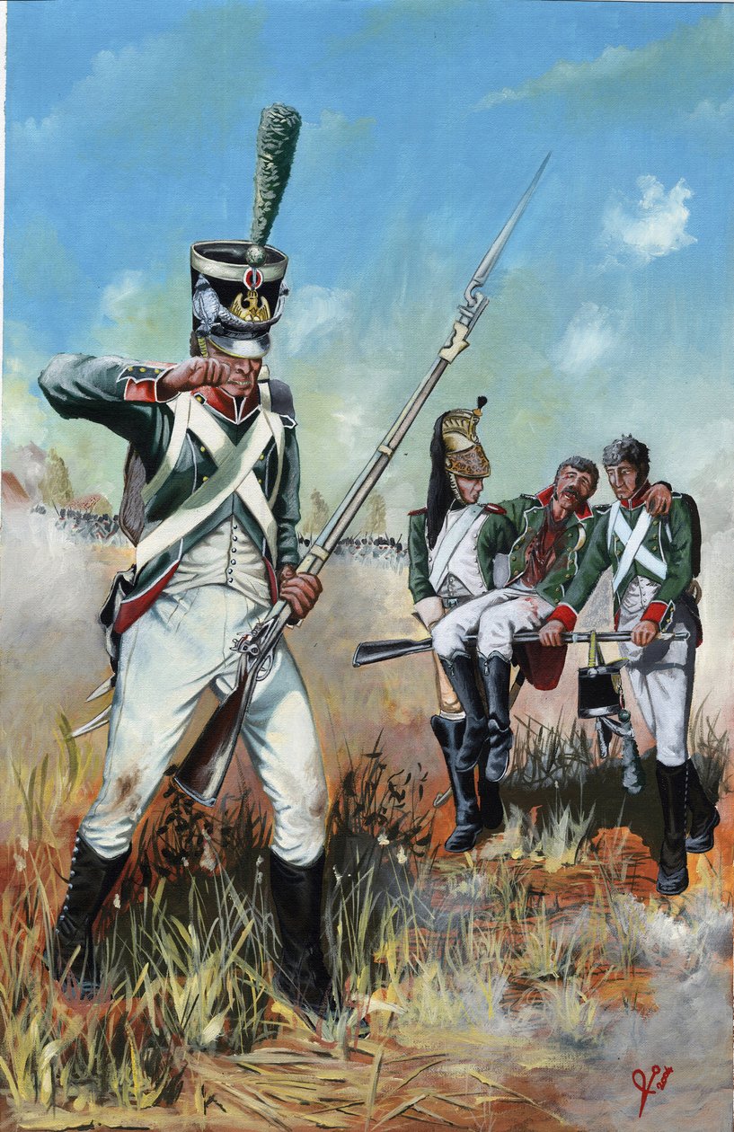 First Empire (1804-1814 og 1815): soldater fra den store Napoleon-hæren i Italia for å hjelpe en såret kamerat. Tegning av Alessandro Lonati av Alessandro Lonati