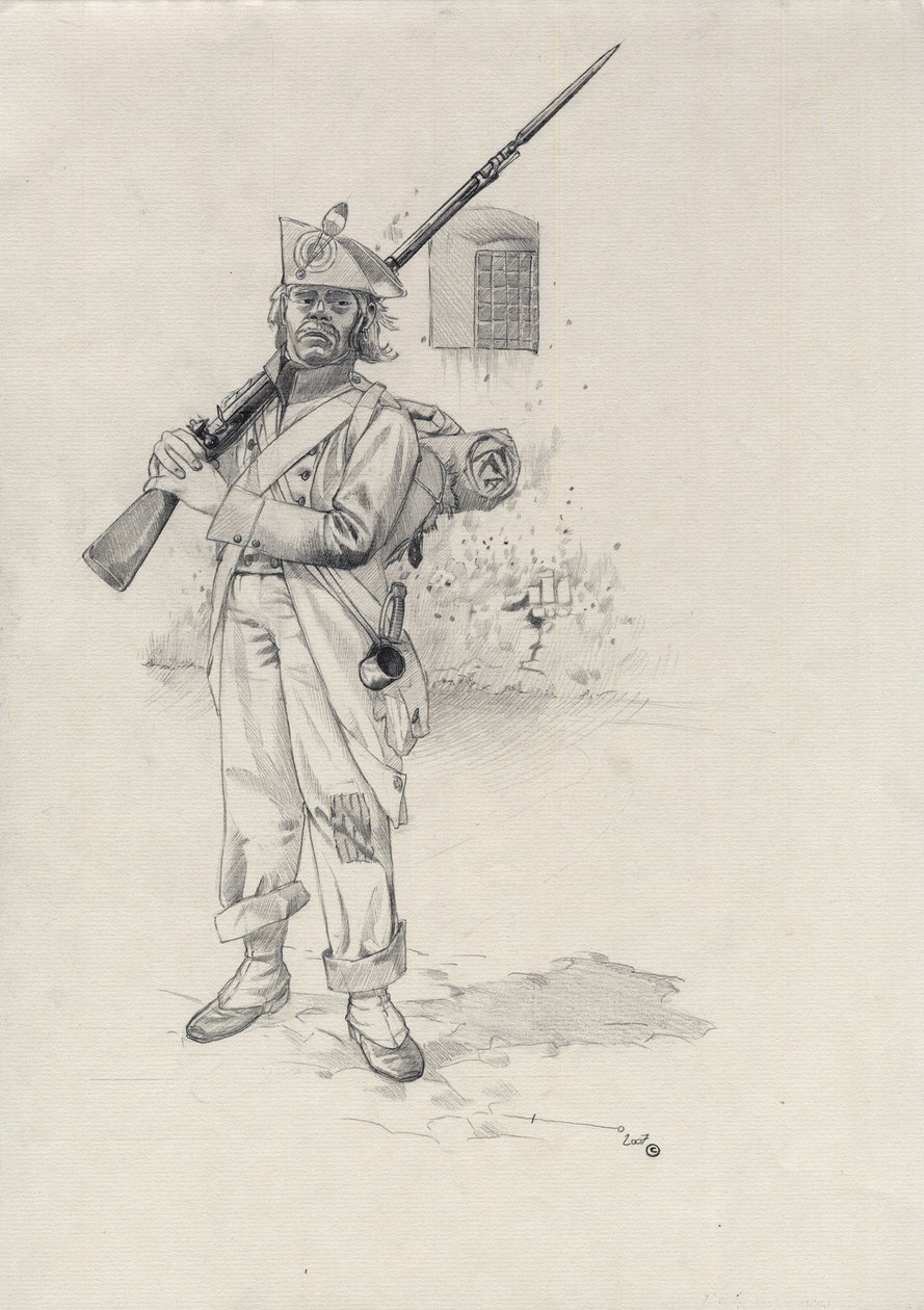 First Empire (1804-1814 eller 1815): soldat fra Napoleon-hæren, infanteristsoldat fra en brigade av ryttere i et fort. Tegning av Alessandro Lonati av Alessandro Lonati