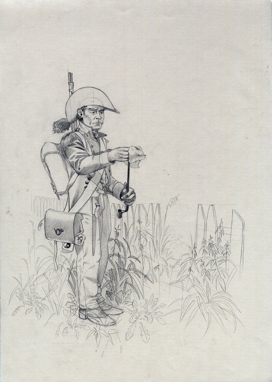 First Empire (1804-1814 eller 1815): soldat fra Napoleon-hæren, soldat infanteristjeger (infanterijeger). Tegning av Alessandro Lonati av Alessandro Lonati