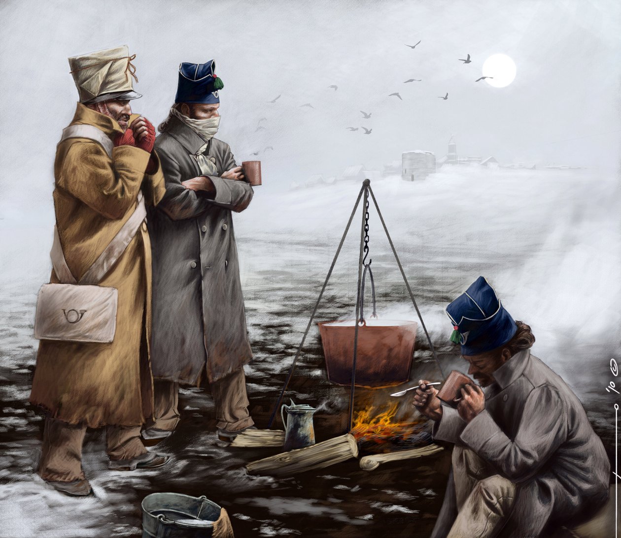 First Empire: Lette infanterisoldater som varmer seg rundt et bål, eller koker kjelen under et felttog til Napoleon I (sannsynligvis i Russland) Tidlig på 1800-tallet. Illustrasjon av Alesandro Lonati. 2010 av Alessandro Lonati
