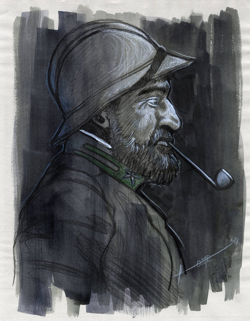 Første verdenskrig 1914-1918: Profilportrett av en soldat fra den italienske hæren som røyker pipe i 1915. Tegning av Alessandro Lonati av Alessandro Lonati