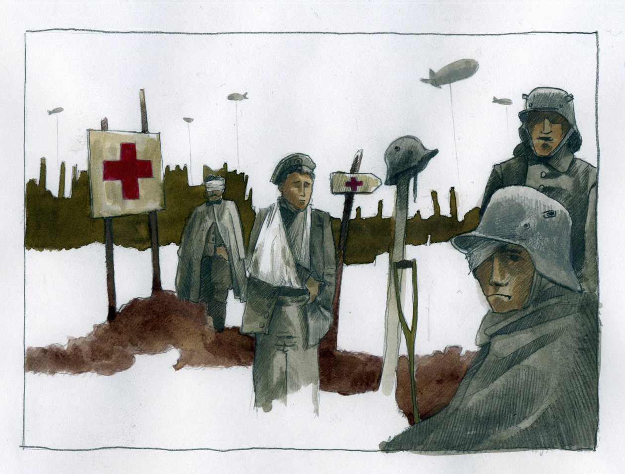 Første verdenskrig: Gules-cases og krigsskadde ved Røde Kors redningspost - 1914-1918 Illustrasjon av Alessandro Lonati av Alessandro Lonati