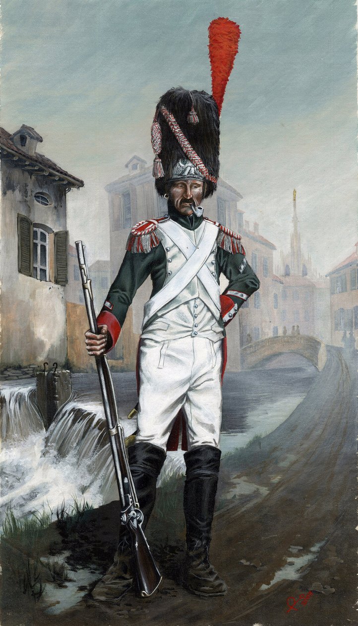 Første imperium (1804-1814 og 1815): Italienske grenadersoldater nær kanalen i Milano med katedralen i bakgrunnen. Tegning av Alessandro Lonati av Alessandro Lonati