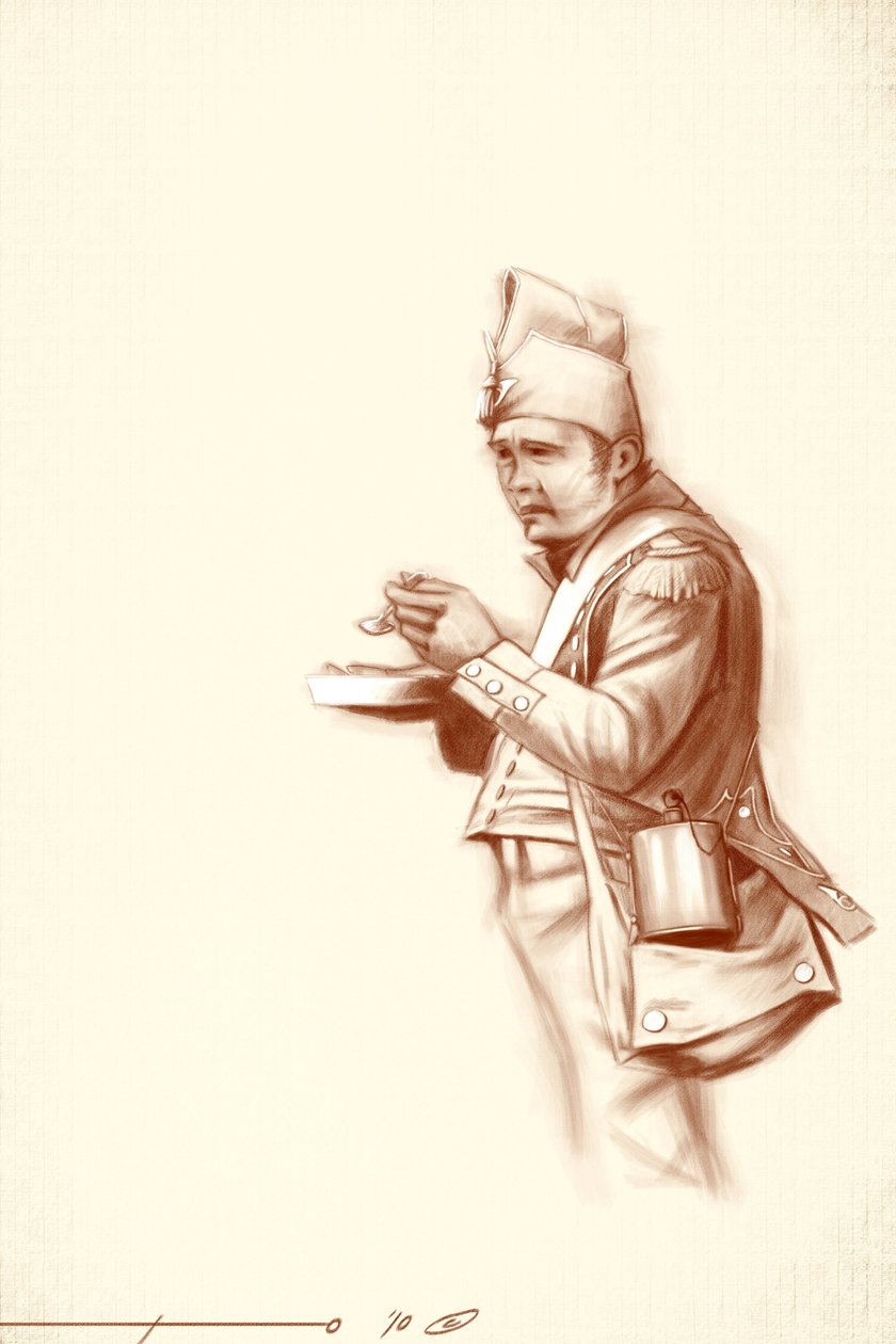 Første imperium: lett infanterisoldat under måltid under en kampanje av Napoleon I (sannsynligvis i Russland) Tidlig på 1800-tallet. Illustrasjon av Alesandro Lonati. 2010 av Alessandro Lonati