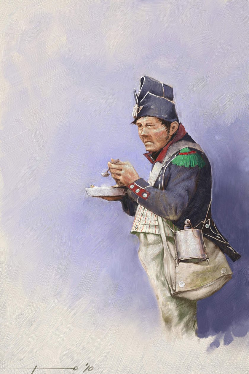 Første imperium: lett infanterisoldat under måltid under en kampanje av Napoleon I (sannsynligvis i Russland) Tidlig på 1800-tallet. Illustrasjon av Alessandro Lonati. 2010 av Alessandro Lonati