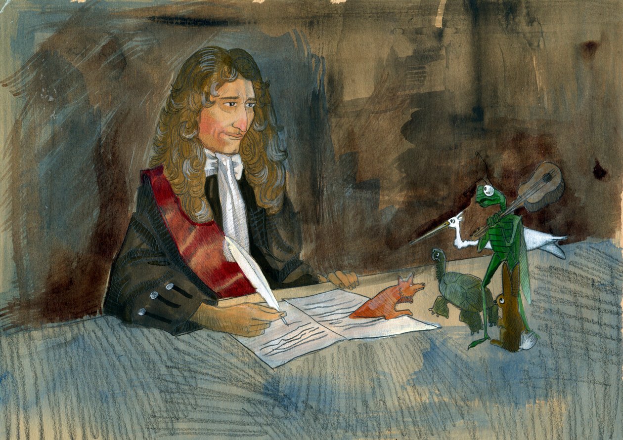 Den franske forfatteren Jean de la Fontaine ser på karakterene hans av fabler Illustrasjon av Alessandro Lonati av Alessandro Lonati