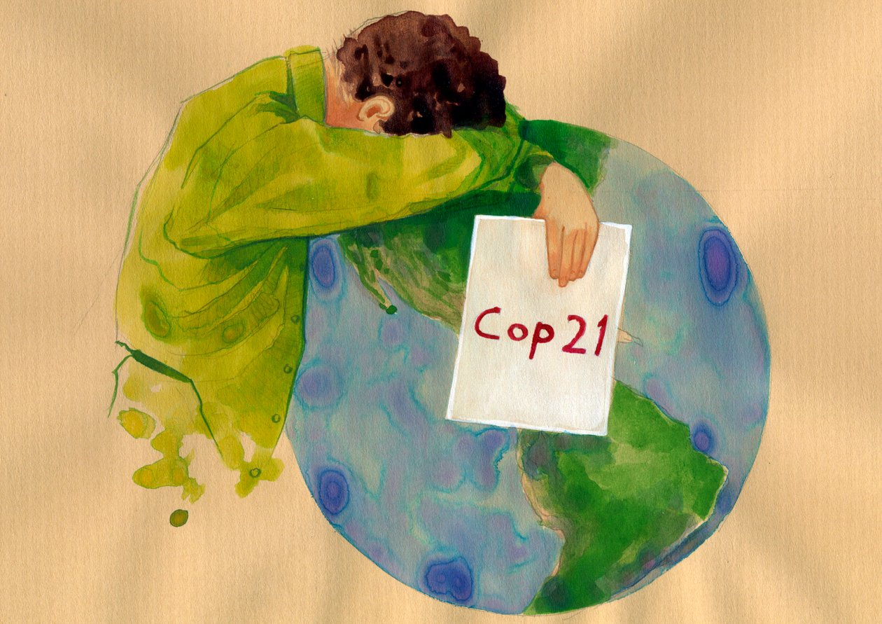 Future of the Earth, en gråtende mann som holder politimannen 21-skiltet (2015 FNs klimakonferanse) i Paris som skulle finne løsninger på global oppvarming og forurensning) Illustrasjon av Alessandro Lonati av Alessandro Lonati