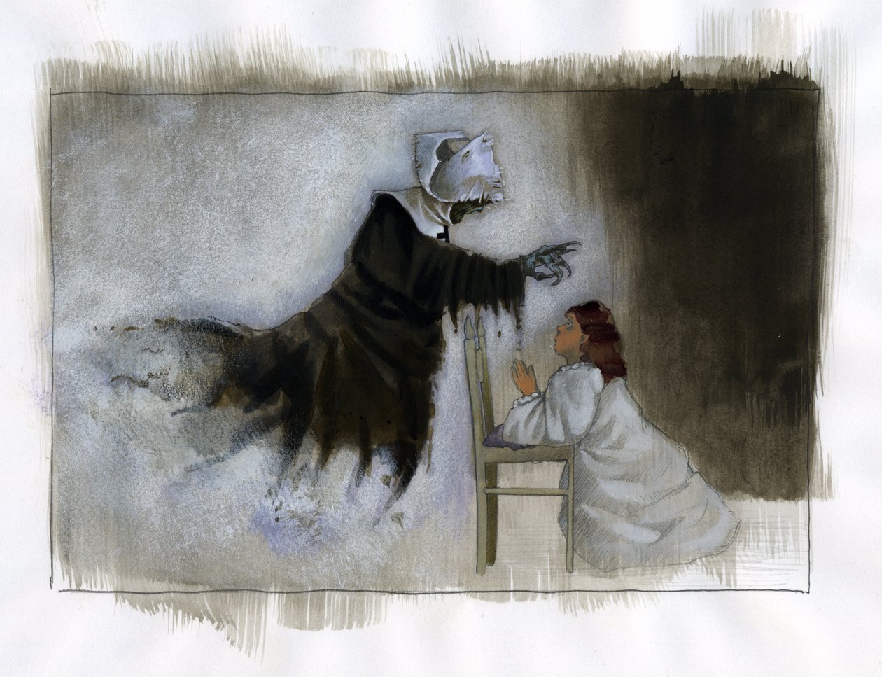 Spøkelset til en eldre nonne med skjeve hender dukker opp for en liten jente som ber Illustrasjon av Alessandro Lonati av Alessandro Lonati