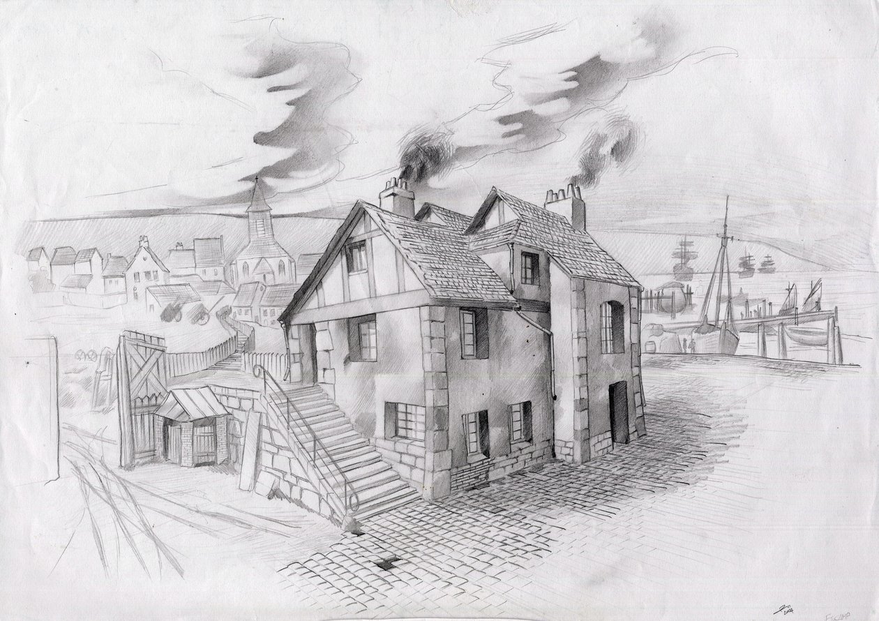 Hus i en landsby nær en havn i Frankrike på 1800-tallet. av Alessandro Lonati