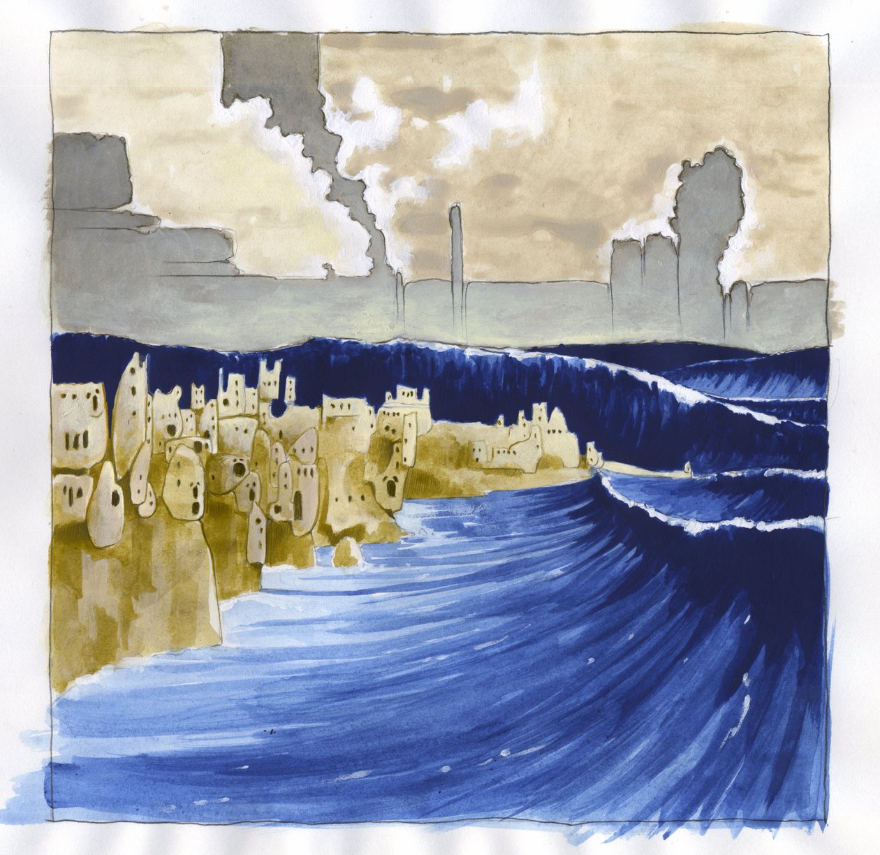 Illustrasjon av myten om øya forsvant under Atlantishavet (Atlantis): utsikt over det rastløse havet etter vulkanutbruddet som oversvømmet den legendariske øya. Fargetegning av Alessandro Lonati. av Alessandro Lonati