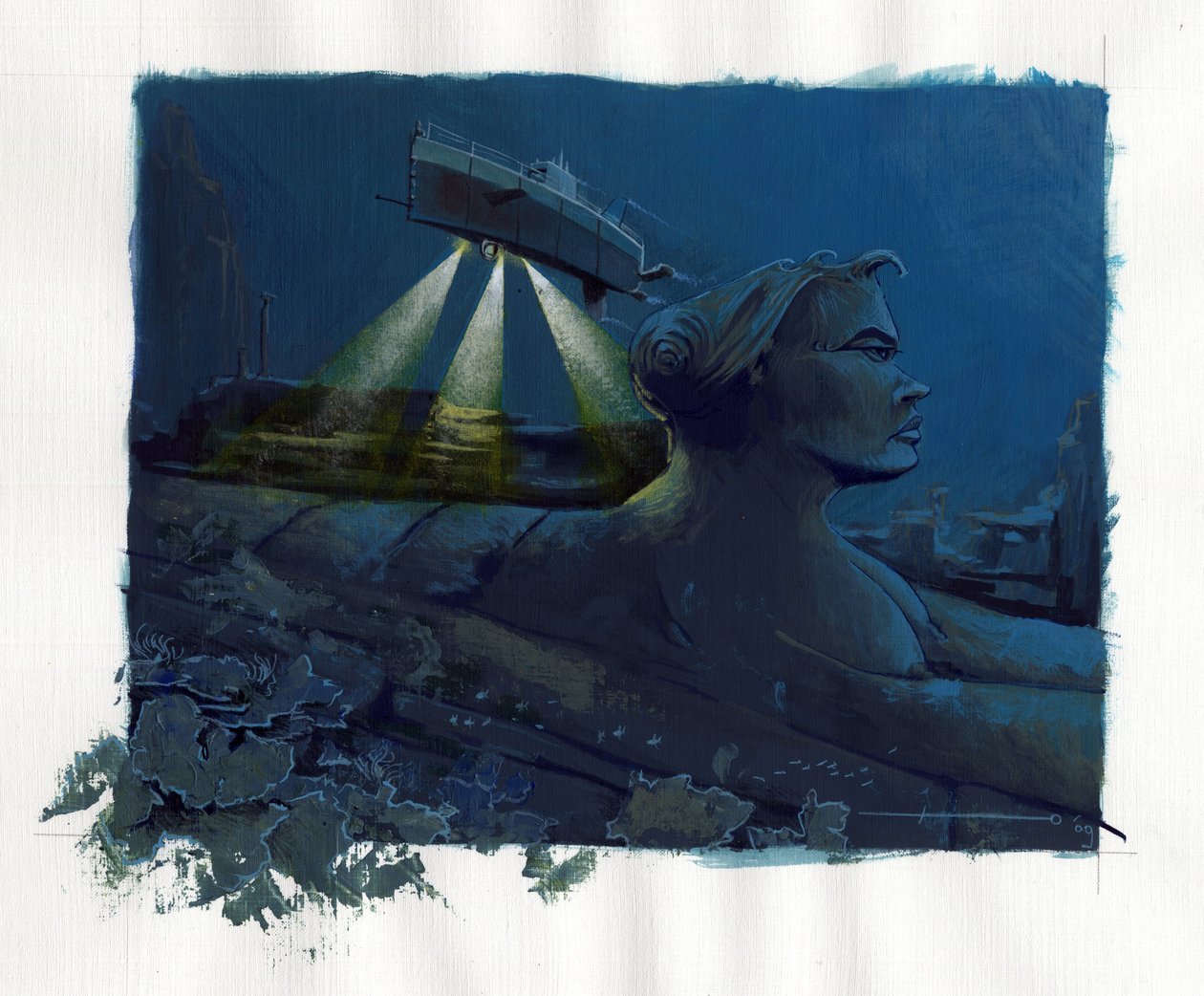 Illustrasjon av myten om øya forsvant under Atlantishavet (Atlantis): en ubåt (ubåt) utforsker bunnen og oppdager ruinene av den legendariske øya. Fargetegning av Alessandro Lonati. av Alessandro Lonati