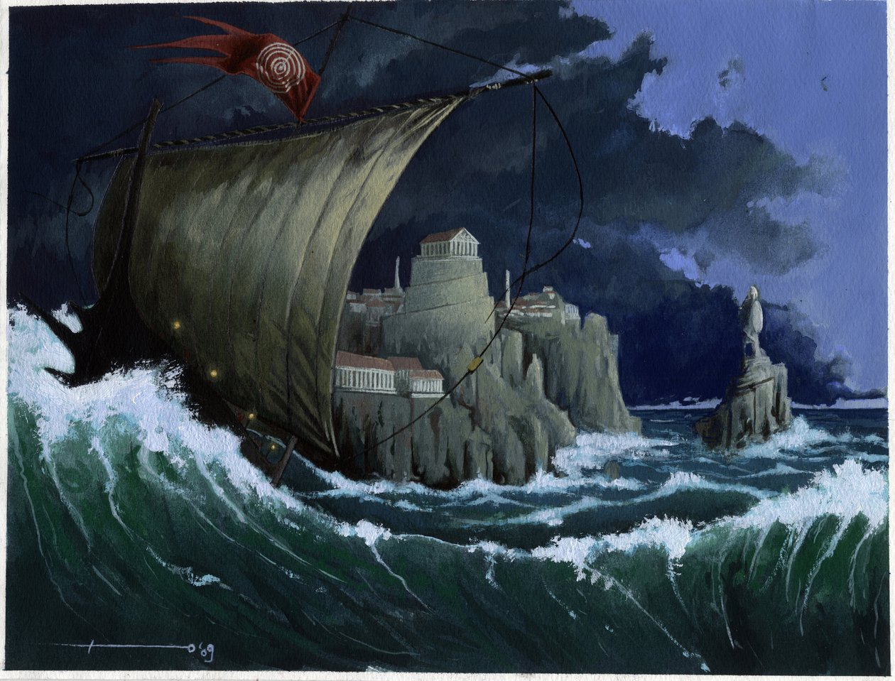 Illustrasjon av myten om øya forsvant under Atlantishavet: utsikt over den greske byen på den legendariske øya før den forsvant. Fargetegning av Alessandro Lonati. av Alessandro Lonati