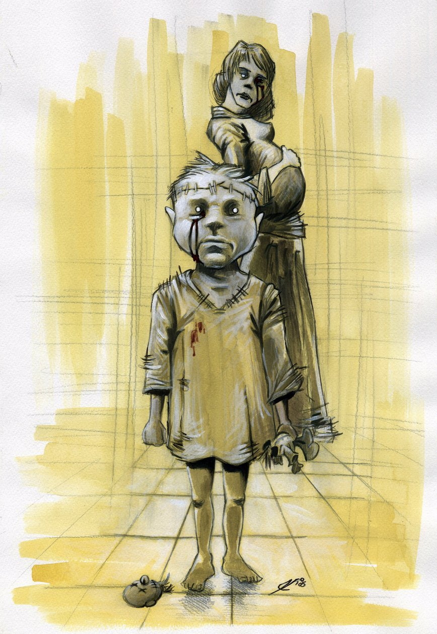 Science fiction-illustrasjon: zombier (spekter) eller spøkelsesånder, som fremkaller marerittet, viser et barn med skallen sydd med en halshodedukke og i bakgrunnen en gravid mor. Hun ser ut som om hun har hatt en ulykke også. Tegning av Alessandro Lonati av Alessandro Lonati