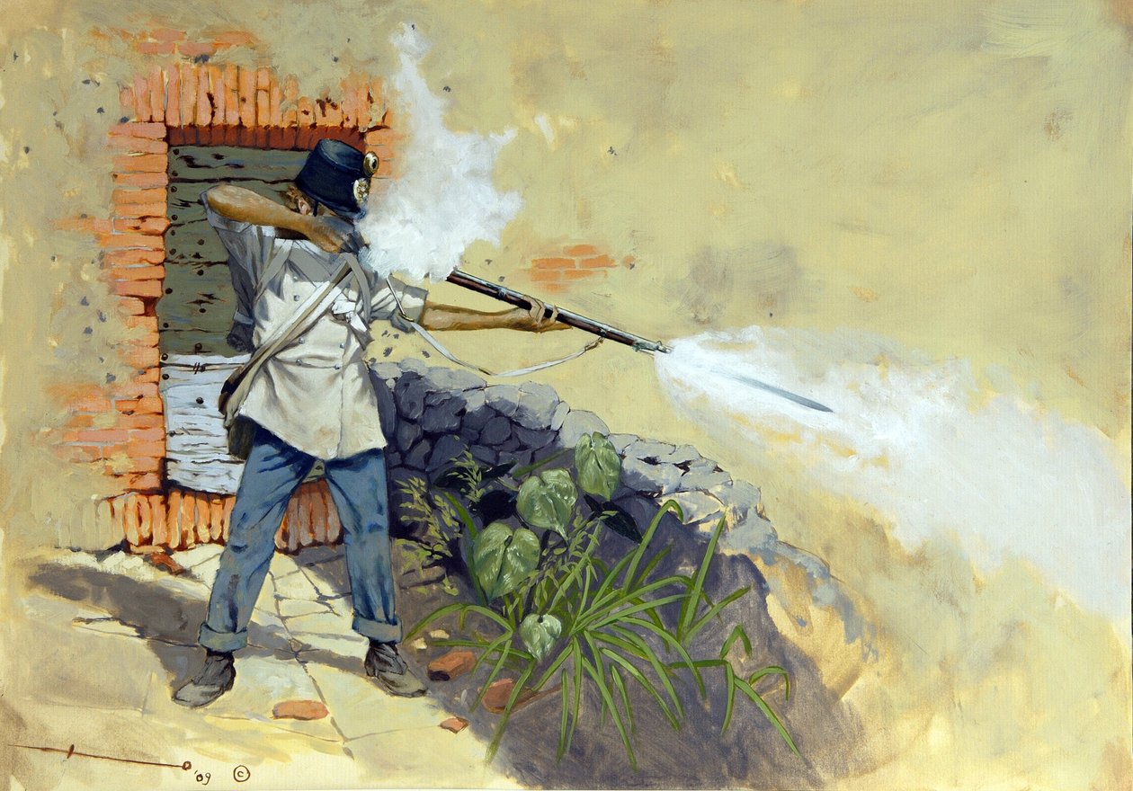 Italiensk kampanje: en østerriksk infanterist som åpner ild i slaget ved Solferino mellom det østerriksk-ungarske riket Francois-Joseph (Francois Joseph) I av Østerrike og den fransk-sardinske koalisjonen av Napoleon III og Victor Emmanuel II (Victor-Emman av Alessandro Lonati