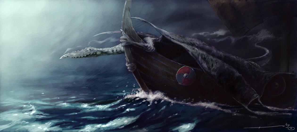 Legendary Creature: Dragon Attacking a Drakkar (Viking Boat) Tegning av Alessandro Lonati av Alessandro Lonati