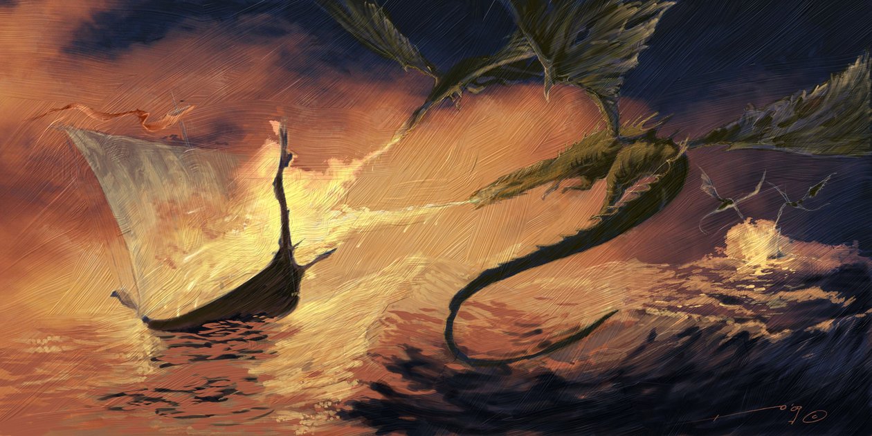 Legendary Creature: Dragon Attacking a Drakkar (Viking Boat) Tegning av Alessandro Lonati av Alessandro Lonati