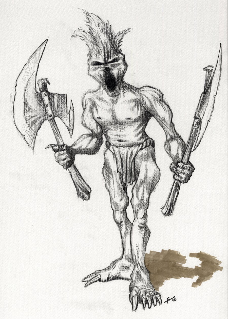 Legendarisk monster for Fantasy Illustration: trollkriger med økser. Tegning av Alessandro Lonati av Alessandro Lonati