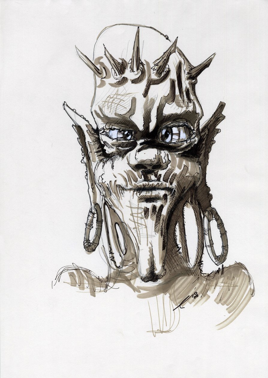 Legendarisk monster for Fantasy-illustrasjon: ansiktet til en stammevesen eller troll. Tegning av Alessandro Lonati av Alessandro Lonati