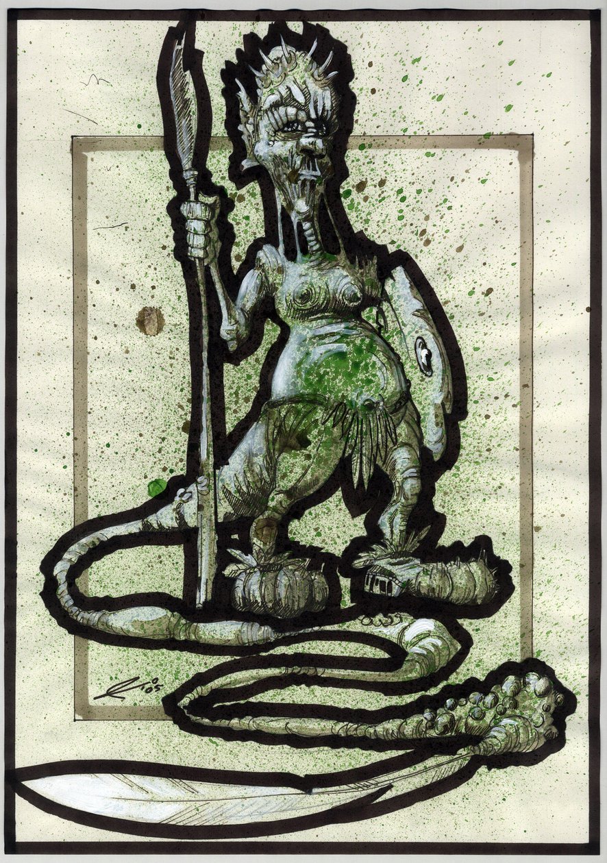 Legendarisk monster for Fantasy-illustrasjon: ansikt til en stammevesen eller kriger med spyd, skjold og fjærhale. Tegning av Alessandro Lonati av Alessandro Lonati