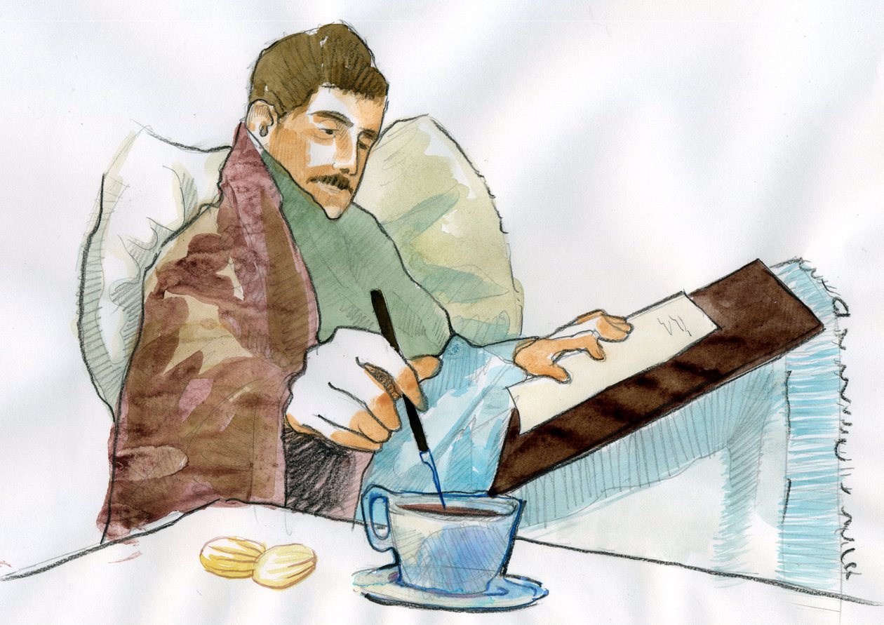 Marcel Proust som en syk mann som skriver med teen til sin tante Elisabeth (blekk på papir) av Alessandro Lonati