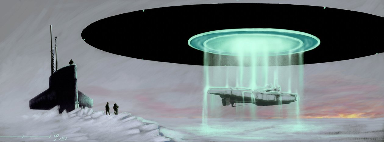 Møte på Nordpolen mellom en U-støvelubåt og en flygende tallerken (UFO, UFO eller romvesen) for å få tilbake en ubåt tatt av romvesener under krigen. Tegning av Alessandro Lonati av Alessandro Lonati