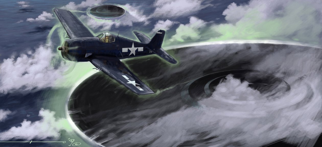 Mystiske fenomener: skildrer forsvinningen av et fly fra den amerikanske marinen i Bermuda-trekanten på 1940-tallet. En legende antyder at det ville være arbeidet til UFOer (UFO eller romvesener) representert her. Tegning av Alessandro Lonati av Alessandro Lonati
